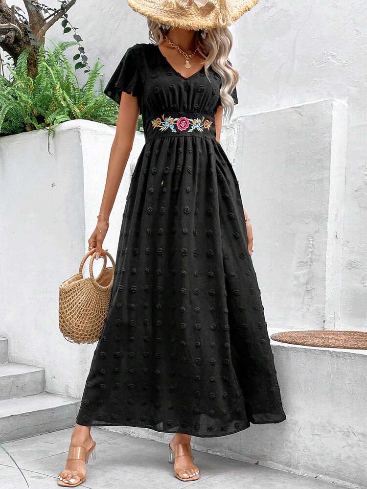 SHEIN VCAY 圓點花卉刺繡圍裹連衣裙 - 黑色 - 查看 1