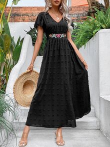 SHEIN VCAY 圓點花卉刺繡圍裹連衣裙 - 黑色 - 查看 4