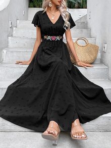 SHEIN VCAY 圓點花卉刺繡圍裹連衣裙 - 黑色 - 查看 5