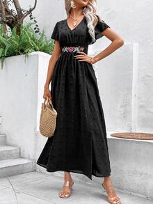 SHEIN VCAY 圓點花卉刺繡圍裹連衣裙 - 黑色 - 查看 6