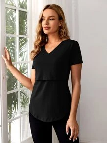 SHEIN 孕婦V領哺乳T恤 - 黑色 - 查看 3