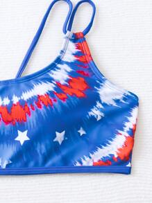 SHEIN Swim Summer Beach Tie Dye Drawstring USA Flag Print Side One Shoulder Bikini Set, 4th Of July - Multicolor - View 8