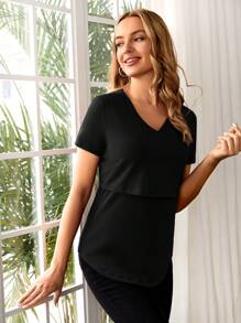 SHEIN 孕婦V領哺乳T恤 - 黑色 - 查看 6