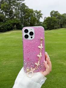 蝴蝶裝飾金屬亮絲手機殼帶手繩 - 粉色 - 查看 2