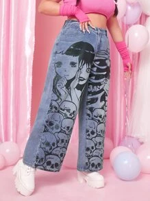 ROMWE Anime Plus Figure Skull Graphic Straight Leg Jeans - Light Wash - View 5