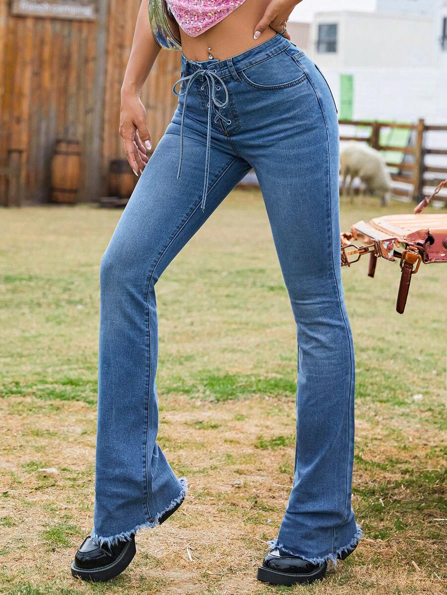 Lace Up Front Flare Leg Jeans - Medium Wash - View 1