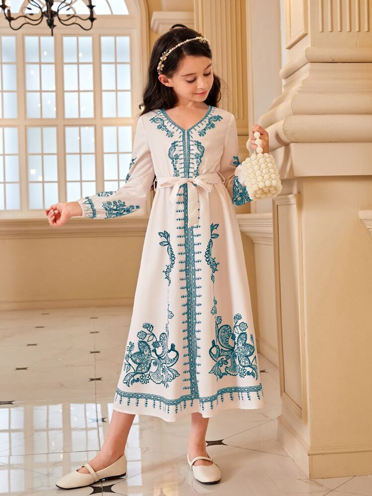 SHEIN Vネック プリントドレス ウエストベルト付き ガールズ トゥイーンファッション エレガント - アプリコット - 見る 1