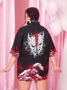 ROMWE J-Fashion 大碼花卉圖案和波浪印花落肩袖襯衫 - 黑色 - 查看 1