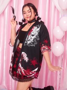 ROMWE J-Fashion 大碼花卉圖案和波浪印花落肩袖襯衫 - 黑色 - 查看 2