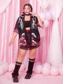 ROMWE J-Fashion 大碼花卉圖案和波浪印花落肩袖襯衫 - 黑色 - 查看 3