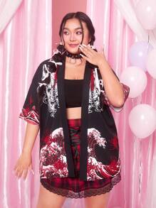 ROMWE J-Fashion 大碼花卉圖案和波浪印花落肩袖襯衫 - 黑色 - 查看 4