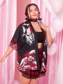 ROMWE J-Fashion 大碼花卉圖案和波浪印花落肩袖襯衫 - 黑色 - 查看 5