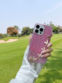 蝴蝶裝飾金屬亮絲手機殼帶手繩 - 粉色 - 查看 3