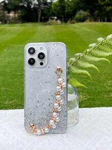 Sequin Decor Clear Anti-Fall Phone Case With Hand Strap,International Version, Not The Domestic Version - White - View 4