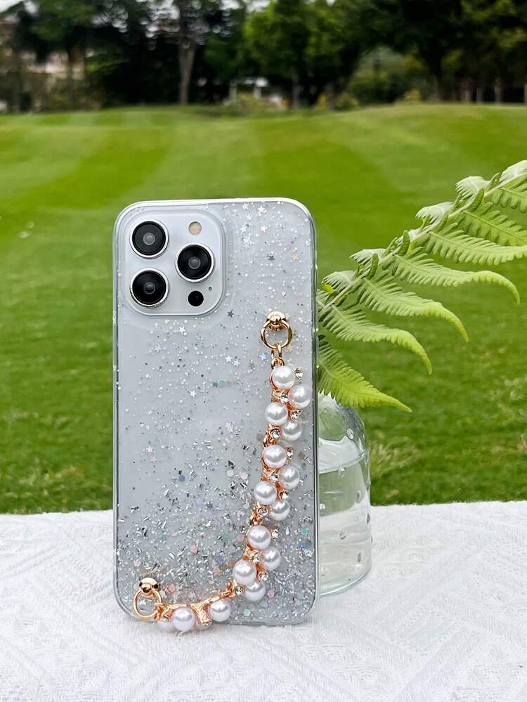 Sequin Decor Clear Anti-Fall Phone Case With Hand Strap,International Version, Not The Domestic Version - White - View 4