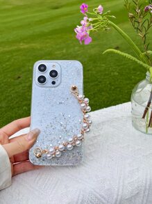 Sequin Decor Clear Anti-Fall Phone Case With Hand Strap,International Version, Not The Domestic Version - White - View 5