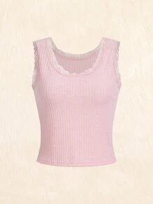 ROMWE 蕾絲拼接背心上衣 - 淺粉色 - 查看 1