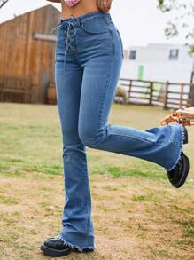 Lace Up Front Flare Leg Jeans - Medium Wash - View 4