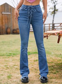 Lace Up Front Flare Leg Jeans - Medium Wash - View 5