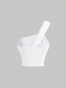 SHEIN MOD Áo nữ Cắt ra Nhẫn Xù màu trơn Giải trí - trắng - Xem 2