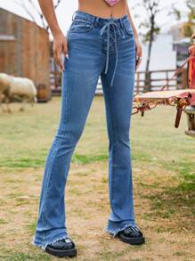 Lace Up Front Flare Leg Jeans - Medium Wash - View 6