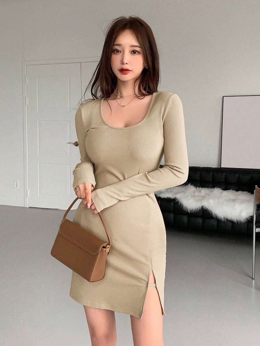 Chất rắn Scoop Cổ Viền chia cắt Đầm - Màu be - Xem 1