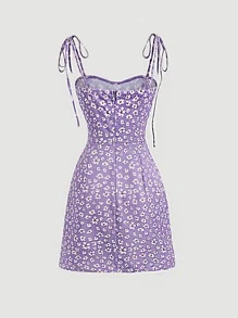 SHEIN MOD 碎花肩上打結吊帶洋裝 - 紫丁香色 - 查看 7