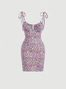 SHEIN MOD Đầm Cắt ra Thắt nút Nếp gấp Phần Ngực Họa tiết hoa Boho - Nhiều màu - Xem 1