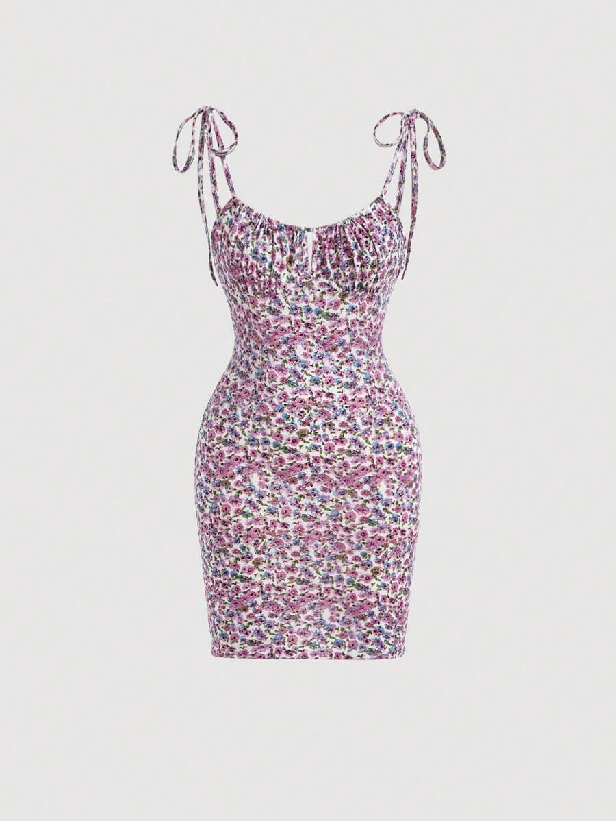 SHEIN MOD Đầm Cắt ra Thắt nút Nếp gấp Phần Ngực Họa tiết hoa Boho - Nhiều màu - Xem 1