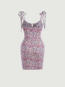 SHEIN MOD Đầm Cắt ra Thắt nút Nếp gấp Phần Ngực Họa tiết hoa Boho - Nhiều màu - Xem 2