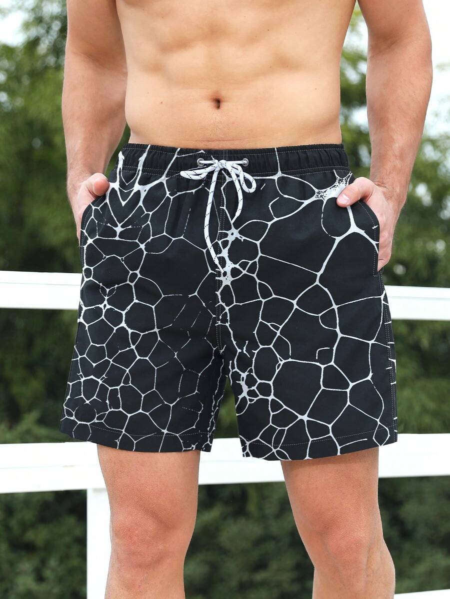 Manfinity Hombres Shorts de natación con estampado de cintura con cordón - Negro - Ver 1