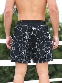 Manfinity Hombres Shorts de natación con estampado de cintura con cordón - Negro - Ver 2