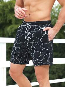 Manfinity Hombres Shorts de natación con estampado de cintura con cordón - Negro - Ver 5