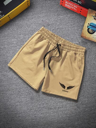 Guys Wings & Letter Graphic Drawstring Waist Shorts
