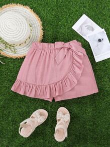 SHEIN Quần Short Gái Xù Trọn gói Nơ trước màu trơn Dễ thương - Bụi hồng - Xem 2