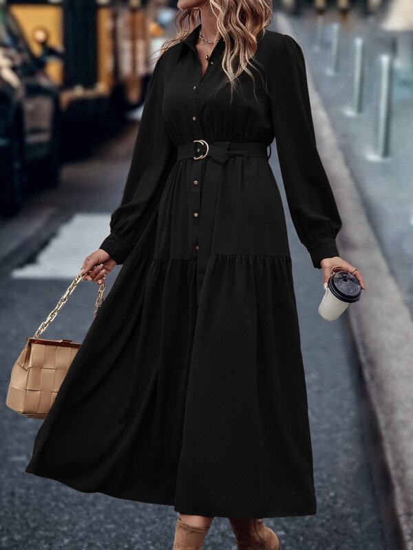 LanaWest Vestido camisero maxi con mangas farol, volantes en el bajo y cinturón para mujer