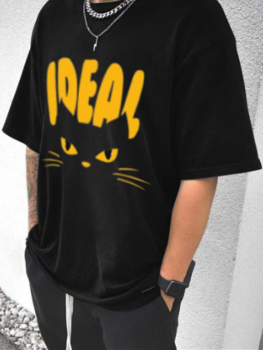 Manfinity Men Cartoon & Letter Graphic Drop Shoulder Tee - Black - View 1