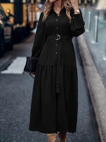 LanaWest 燈籠袖荷葉邊腰帶襯衫連衣裙 - 黑色 - 查看 5