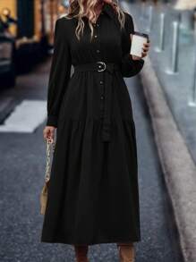 LanaWest 燈籠袖荷葉邊腰帶襯衫連衣裙 - 黑色 - 查看 6