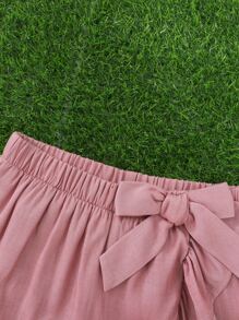 SHEIN Quần Short Gái Xù Trọn gói Nơ trước màu trơn Dễ thương - Bụi hồng - Xem 5