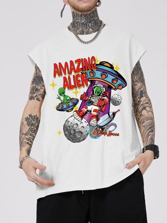 Guys Alien And Letter Graphic Tank Top