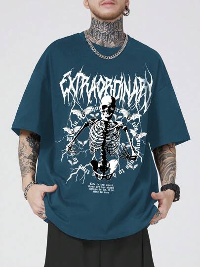 Grunge Punk Guys Skeleton Print Tee
