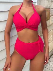 SHEIN Swim Twist Front Halter Summer Beach Bikini Set - Hot Pink - View 1