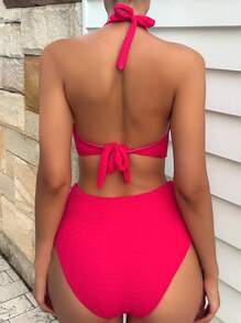 SHEIN Swim Twist Front Halter Summer Beach Bikini Set - Hot Pink - View 2