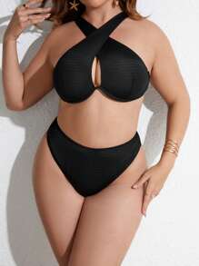 Celure 大尺碼十字交叉聚攏高腰比基尼套裝夏季海灘 - 黑色 - 查看 2