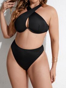 Celure 大尺碼十字交叉聚攏高腰比基尼套裝夏季海灘 - 黑色 - 查看 3