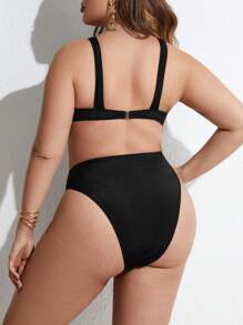 Celure 大尺碼十字交叉聚攏高腰比基尼套裝夏季海灘 - 黑色 - 查看 4