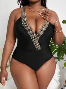 SHEIN Swim Curve Summer Plus Size Stitch Detail One Piece Swimsuit - Black - View 1