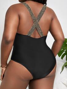 SHEIN Swim Curve Summer Plus Size Stitch Detail One Piece Swimsuit - Black - View 2