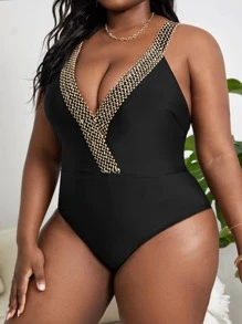 SHEIN Swim Curve Summer Plus Size Stitch Detail One Piece Swimsuit - Black - View 3